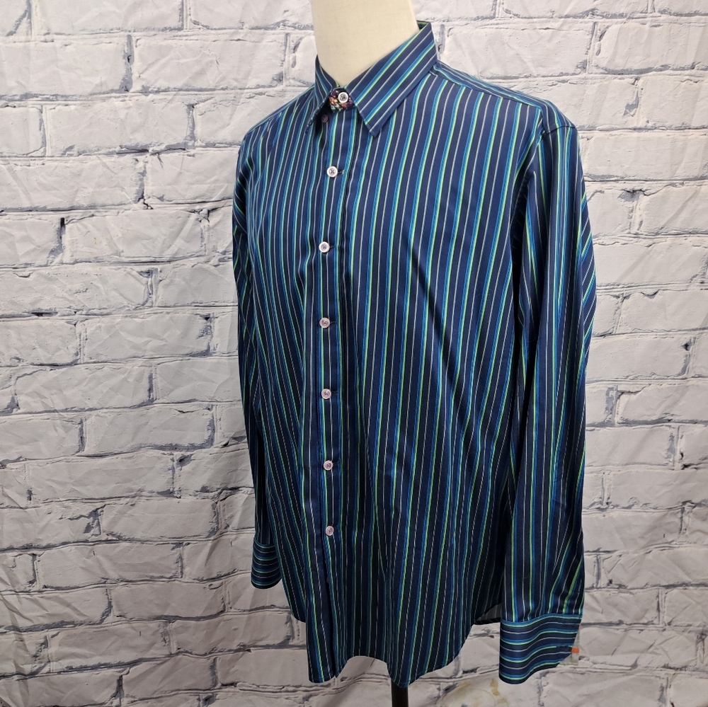 Robert Graham Mens Button Down Shirt Green Blue Striped Flip Cuff Classic Fit XL - Picture 9 of 16